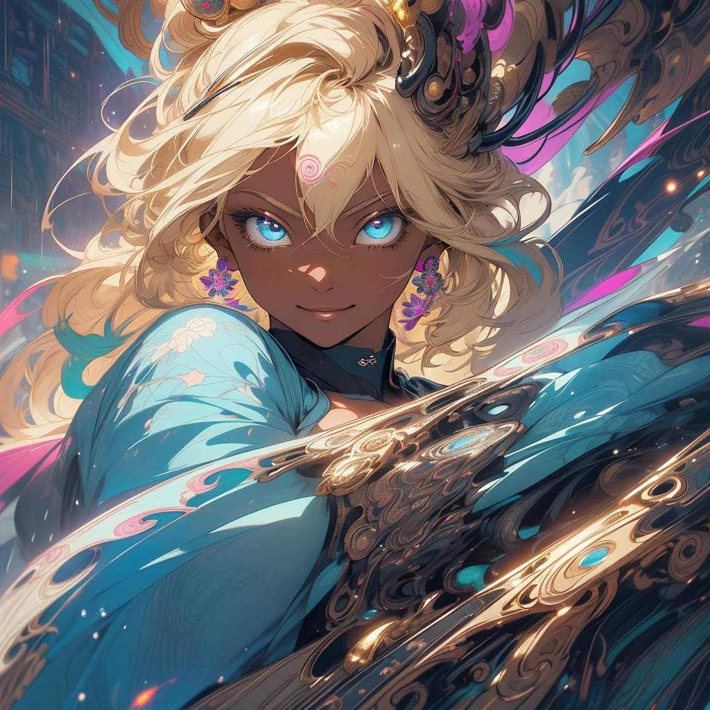 (((highest quality))),(((detailed eyes))),(((32K))),(1 dark skinned girl),Fancy blonde,(tattoo),cyber punk,kimono,((luxurious and gorgeous)),shiny skin,earrings,Stylish costumes,((Super beautiful)),(perfect face),Japanese sword,ultimate texture,official art,Ukiyo-e,((stylish)),photograph,perfect body,smile,Bewitching,best image quality,super clear,genuine,fantasy,(Near the future),ninja,((perfect eyes)),((big breasts)),((Perfect cleavage)),highlight,挑発的なsmile,stick out tongue,Mechanical,mandala,Pouring rain,majestic,apotheosis,((fractal art:(1.3)),perfect lighting,colorful,((In underwear)),crow,