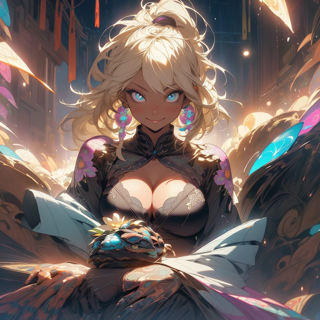 (((highest quality))),(((detailed eyes))),(((32K))),(1 dark skinned girl),Fancy blonde,(tattoo),cyber punk,kimono,((luxurious and gorgeous)),shiny skin,earrings,Stylish costumes,((Super beautiful)),(perfect face),Japanese sword,ultimate texture,official art,Ukiyo-e,((stylish)),photograph,perfect body,smile,Bewitching,best image quality,super clear,genuine,fantasy,(Near the future),ninja,((perfect eyes)),((big breasts)),((Perfect cleavage)),highlight,挑発的なsmile,stick out tongue,Mechanical,mandala,Pouring rain,majestic,apotheosis,((fractal art:(1.3)),perfect lighting,colorful,((In underwear)),crow,