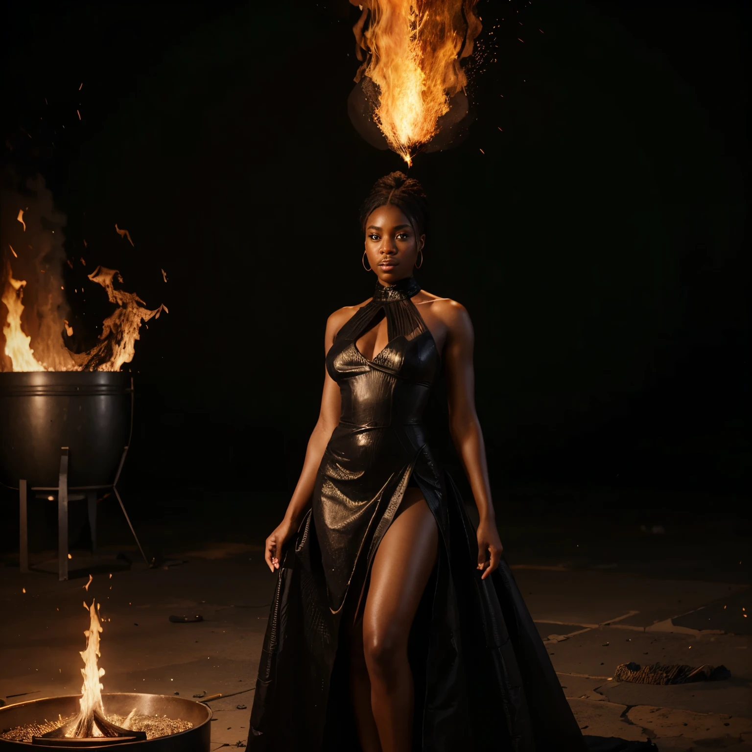 A black woman wearing a black African designed dress lit with fire standing in an empty space, night time with the fire lighting the scene, artgerm style, 32k, ultra HD, unreal engine rendered, hyper-realistic image