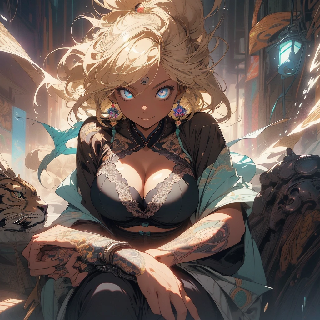 (((highest quality))),(((detailed eyes))),(((32K))),(1 dark skinned girl),Fancy blonde,(tattoo),cyber punk,kimono,((luxurious and gorgeous)),shiny skin,earrings,Stylish costumes,((Super beautiful)),(perfect face),Japanese sword,ultimate texture,official art,Ukiyo-e,((stylish)),photograph,perfect body,smile,Bewitching,best image quality,super clear,genuine,fantasy,(Near the future),ninja,((perfect eyes)),((big breasts)),((Perfect cleavage)),highlight,挑発的なsmile,stick out tongue,Mechanical,mandala,Pouring rain,majestic,apotheosis,((fractal art:(1.3)),perfect lighting,colorful,((In underwear)),crow,