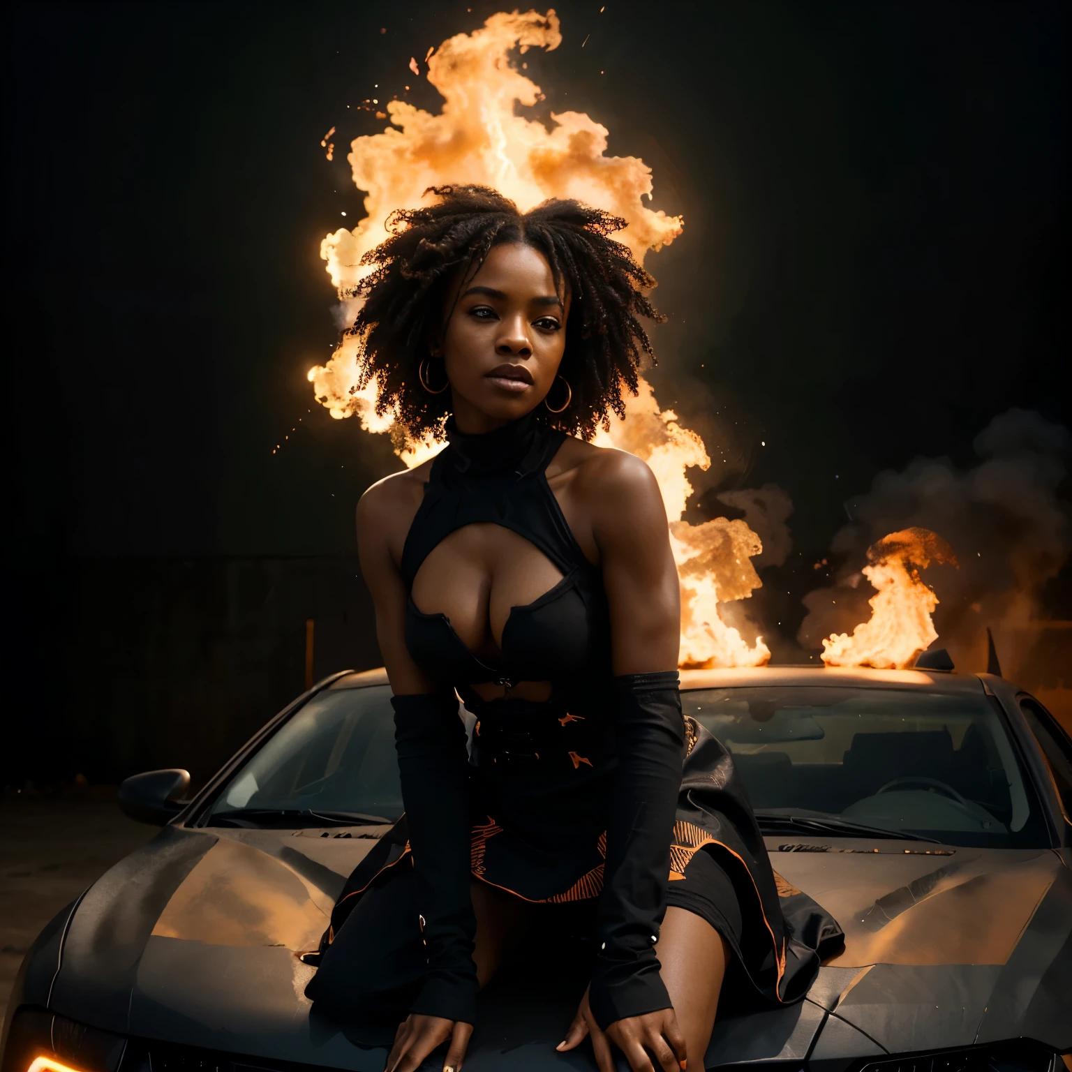 A black woman wearing a black African designed dress lit with fire kneeling on top of a car bonnet in a dystopian empty space, daylight shining and creating an orange and black cinematic colour grading, artgerm style, 32k, ultra HD, unreal engine rendered, hyper-realistic image