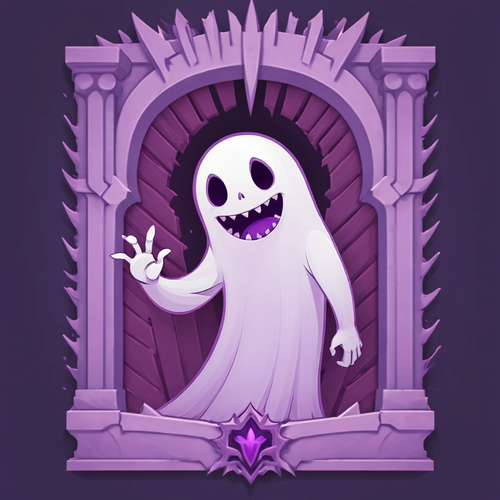 Purple spikey ghost with detached clawed hand coming out a wall, in card art style
