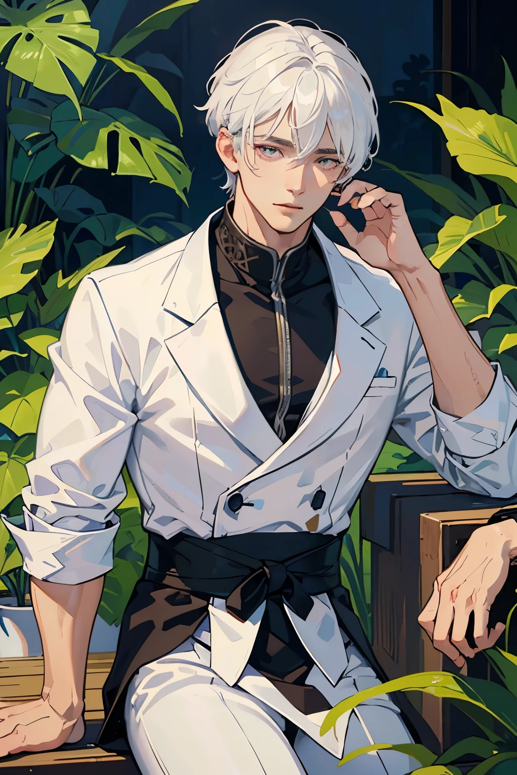 (masterpiece,best quality,1boy,muscular,handsome,finely detailed eyes,intricate details,white hair,sitting,day,plants,summer)