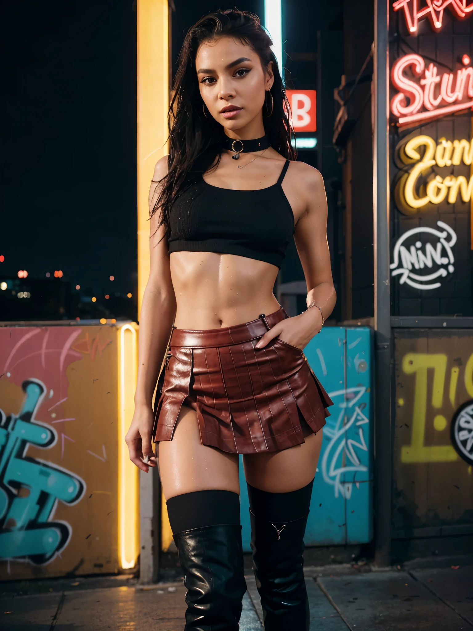 (best quality,ultra-detailed),Horny girl mini skirt,girls in a modern urban setting,pleated mini skirts, thigh-high stockings,heeled boots, low-cut tops, flirtatious poses,confident and seductive expressions, vibrant colors, colorful graffiti in the background, bright neon lights, energetic and dynamic atmosphere, street fashion,provocative fashion trends, urban chic style, urban nightlife,exquisite makeup, long flowing hair,floaty skirts and dancing movement,unapologetic attitude,empowered women,sexual liberation, fierce and bold personalities, wet