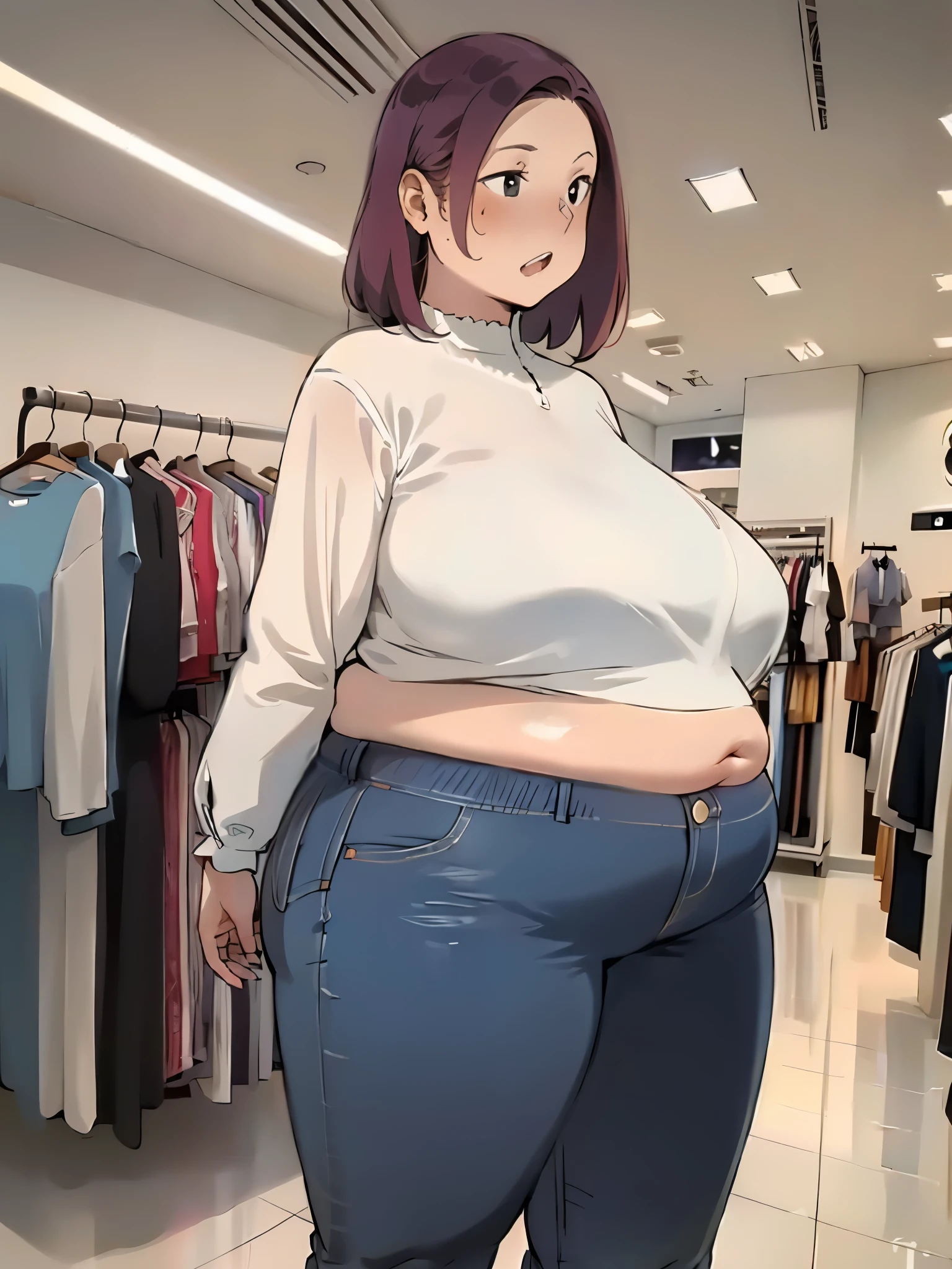 ,illustration of a woman in clothing store, short buttoned blouse with tight red jeans, love handles, belly skinny:1.3, skin indentation, deep skin, best quality, extremely high resolution, sharp focus, dynamic, inside a clothing store (creativity:1.3), chubby belly bulge