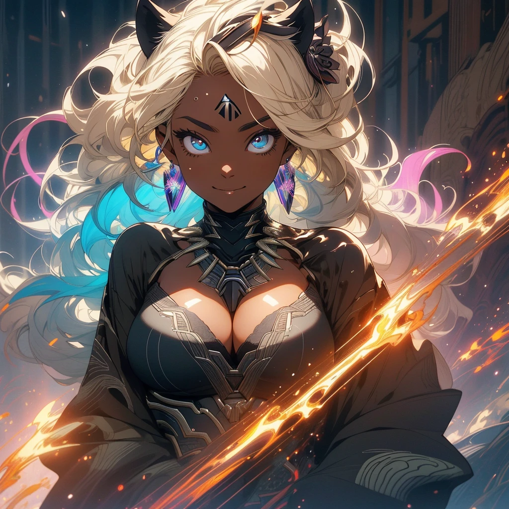 (((highest quality))),(((detailed eyes))),(((32K))),(1 dark skinned girl),Fancy blonde,(tattoo),cyber punk,kimono,((luxurious and gorgeous)),shiny skin,earrings,Stylish costumes,((Super beautiful)),(perfect face),Japanese sword,ultimate texture,official art,Ukiyo-e,((stylish)),photograph,perfect body,smile,Bewitching,best image quality,super clear,genuine,fantasy,(Near the future),ninja,((perfect eyes)),((big breasts)),((Perfect cleavage)),highlight,挑発的なsmile,stick out tongue,Mechanical,mandala,Pouring rain,majestic,apotheosis,((fractal art:(1.3)),perfect lighting,colorful,((In underwear)),crow,Tiger,black panther next door