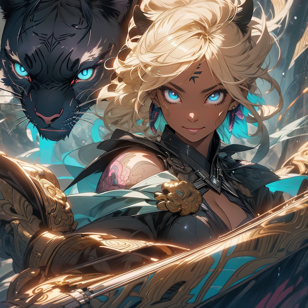 (((highest quality))),(((detailed eyes))),(((32K))),(1 dark skinned girl),Fancy blonde,(tattoo),cyber punk,kimono,((luxurious and gorgeous)),shiny skin,earrings,Stylish costumes,((Super beautiful)),(perfect face),Japanese sword,ultimate texture,official art,Ukiyo-e,((stylish)),photograph,perfect body,smile,Bewitching,best image quality,super clear,genuine,fantasy,(Near the future),ninja,((perfect eyes)),((big breasts)),((Perfect cleavage)),highlight,挑発的なsmile,stick out tongue,Mechanical,mandala,Pouring rain,majestic,apotheosis,((fractal art:(1.3)),perfect lighting,colorful,((In underwear)),crow,Tiger,black panther next door