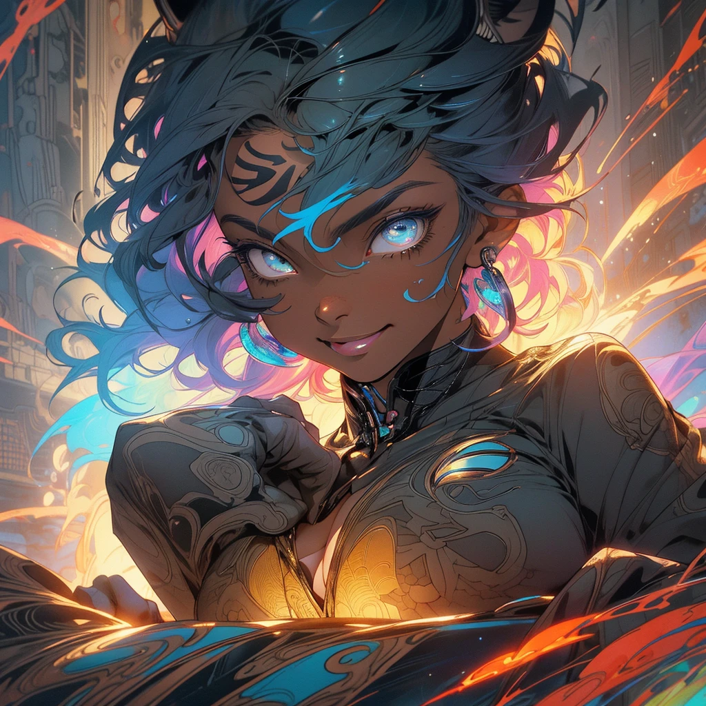 (((highest quality))),(((detailed eyes))),(((32K))),(1 dark skinned girl),Fancy blonde,(tattoo),cyber punk,kimono,((luxurious and gorgeous)),shiny skin,earrings,Stylish costumes,((Super beautiful)),(perfect face),Japanese sword,ultimate texture,official art,Ukiyo-e,((stylish)),photograph,perfect body,smile,Bewitching,best image quality,super clear,genuine,fantasy,(Near the future),ninja,((perfect eyes)),((big breasts)),((Perfect cleavage)),highlight,挑発的なsmile,stick out tongue,Mechanical,mandala,Pouring rain,majestic,apotheosis,((fractal art:(1.3)),perfect lighting,colorful,((In underwear)),crow,Tiger,black panther next door