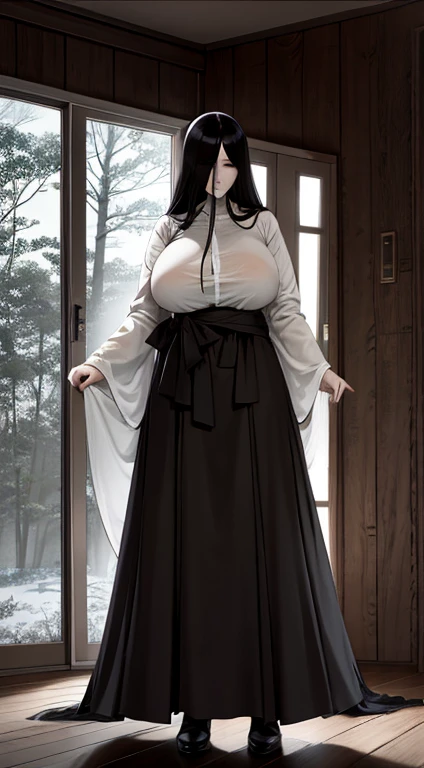 （Black hair covers eyes）（long haired）（（grey skin））（White tunic）（（Super big breasts））（listless）Ghost-like face，Stand in the forest of the night，Dumb（（The characters are very delicate））Background dark black tones，There is a feeling of horror，Like Sadako, Thin cloth clothing so that it is transparent, standing under moon light