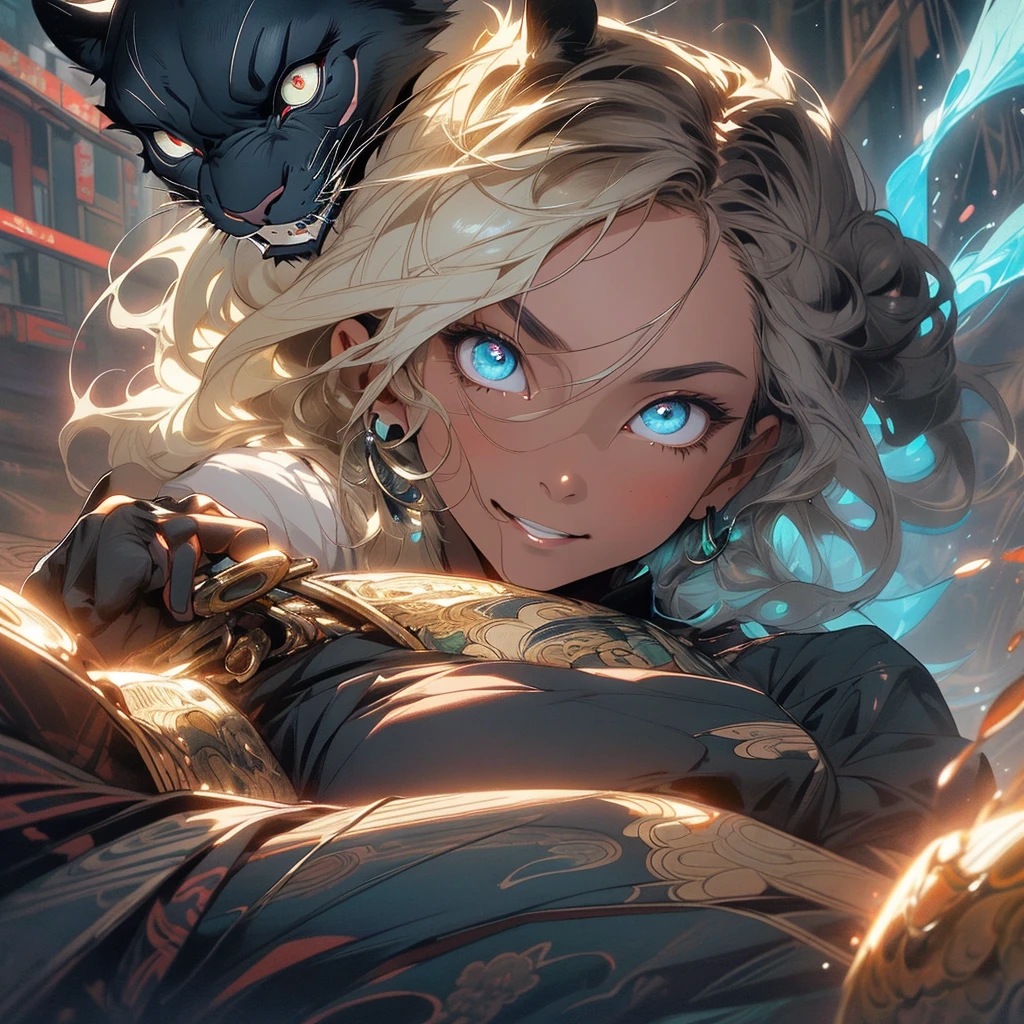 (((highest quality))),(((detailed eyes))),(((32K))),(1 dark skinned girl),Fancy blonde,(tattoo),cyber punk,kimono,((luxurious and gorgeous)),shiny skin,earrings,Stylish costumes,((Super beautiful)),(perfect face),Japanese sword,ultimate texture,official art,Ukiyo-e,((stylish)),photograph,perfect body,smile,Bewitching,best image quality,super clear,genuine,fantasy,(Near the future),ninja,((perfect eyes)),((big breasts)),((Perfect cleavage)),highlight,挑発的なsmile,stick out tongue,Mechanical,mandala,Pouring rain,majestic,apotheosis,((fractal art:(1.3)),perfect lighting,colorful,((In underwear)),A ferocious black panther is next to me,