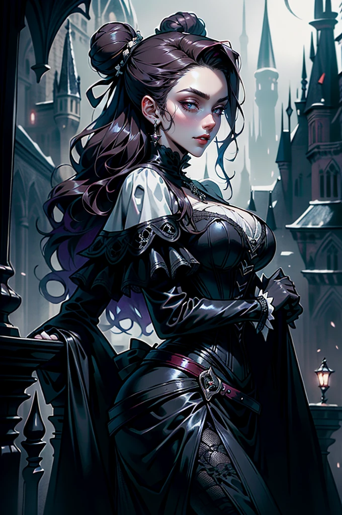 (masterpiece, top quality, best quality, official art, beautiful and aesthetic: 1.2), (1 woman: 1.3), long curly dark brown hair, ((fancy bun)), Victorian style, Victorian classic, extremely detailed, portrait, looking at the viewer, solo, (full body: 0.6), detailed background, close-up, mischievous eyes, (cold midnight castle theme: 1.1), vampire, long fangs, blood on chin, huge lips, charlatan, mischievous smile, mysterious, being seductive on the balcony, revealing gothic dress, extremely tight bodice, black costume, magenta skirts, off-the-shoulder, long sleeves, loose sleeves, black leather , cape, corset, black dress, fishnets, black high boots, buckles, straps, bags, glowing blood magic energy, dark magenta fabric, silver trim, black leather, extremely slim, slim waist, slim hips, medieval background (gothic castle exterior: 1.1), nocturnal, dark and mysterious lighting, shadows, magical atmosphere, abigail larson art style