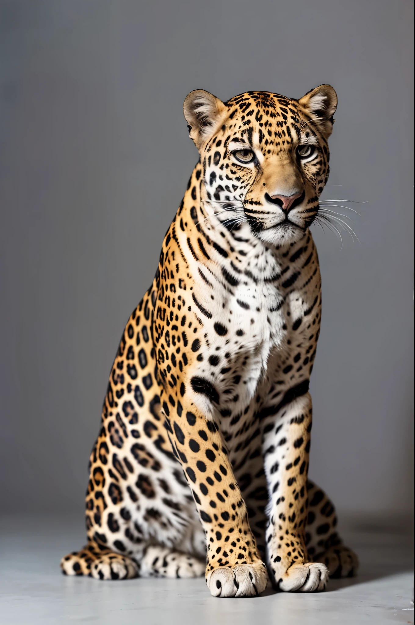 Sitting jaguar looks towards the camera, wide angle lens, right lighting, full body shot, neutral gray background