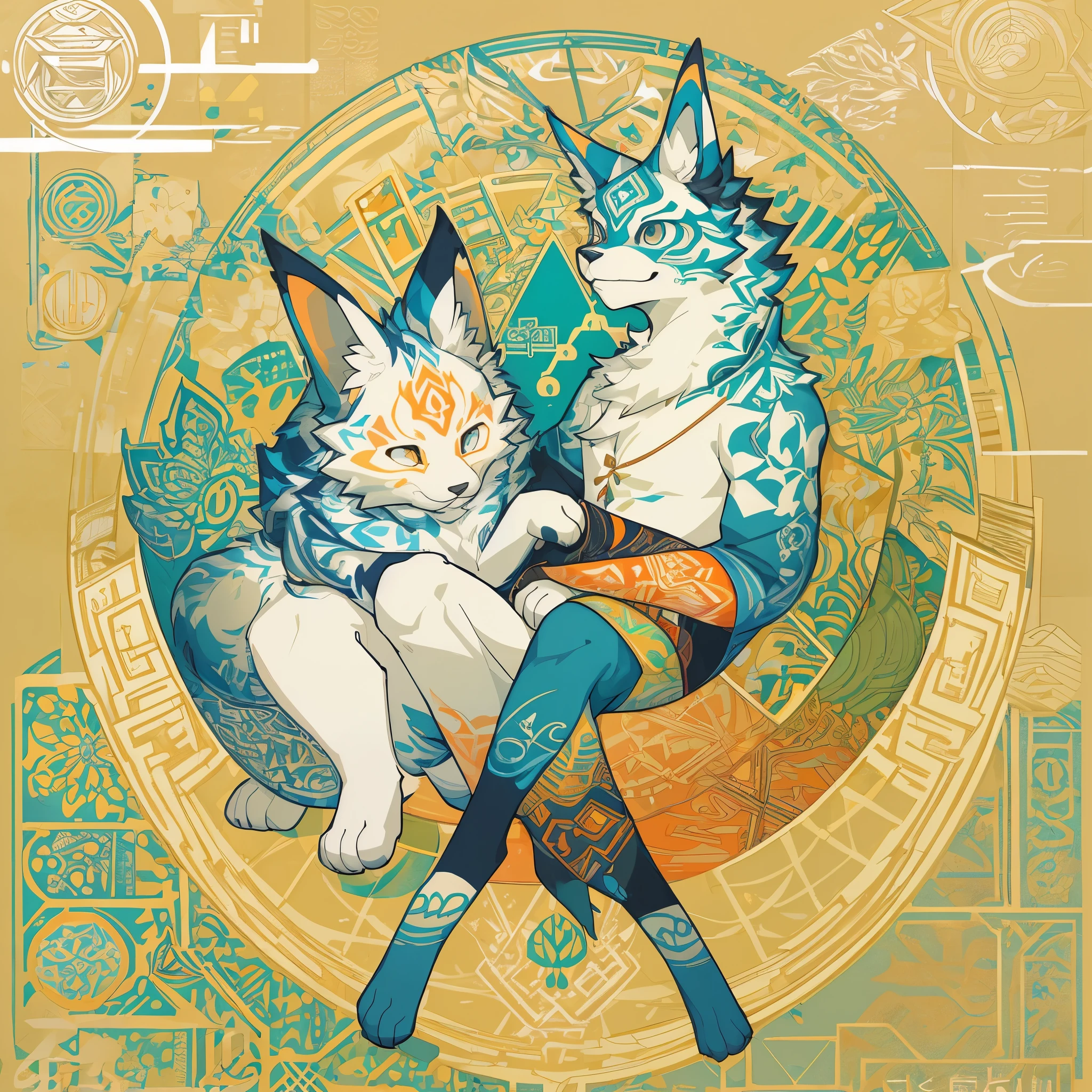 top quality, stamp Design, kaleidoscope, Geometric pattern, best quality, poster, rzminjourney, vector-art, High-quality illustrations by Victo Ngai, masterpiece(kemono, furry anthro)logo mark, round,