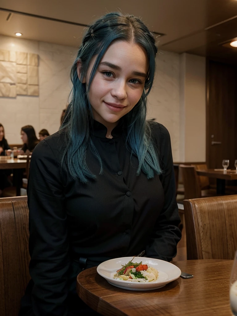 Young woman blue hair Emilia Clarke face, cheeky smile, eating in a restaurant, with elegant black clothes