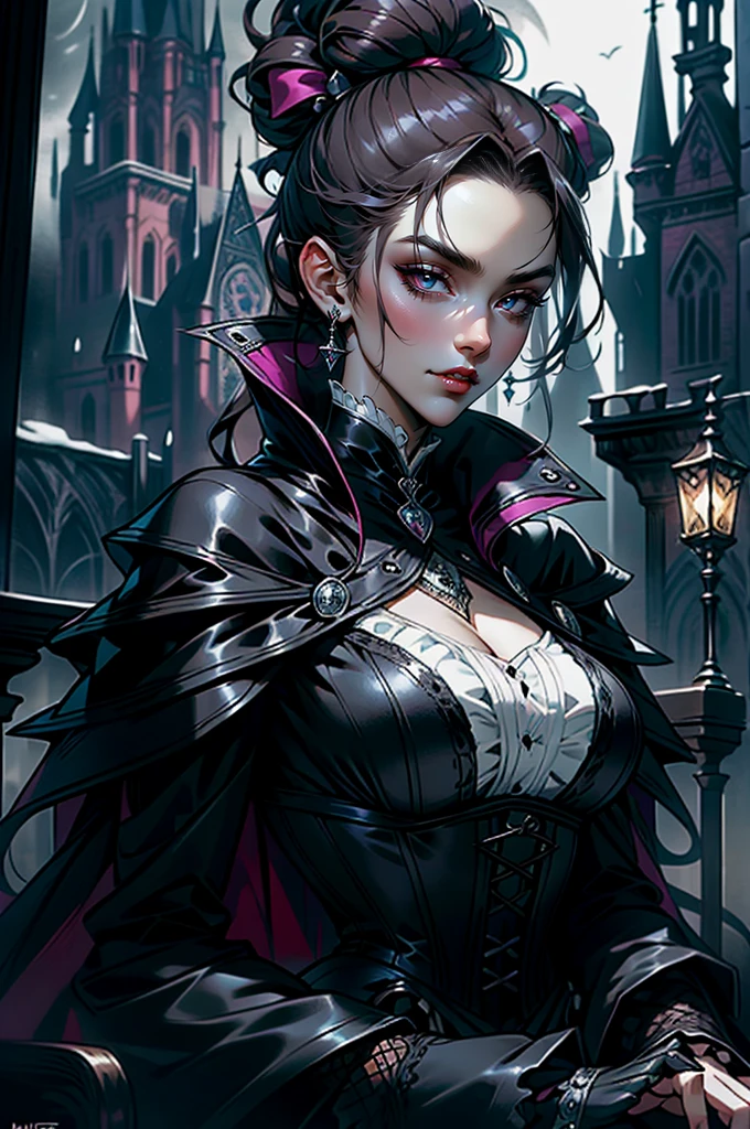 (masterpiece, top quality, best quality, official art, beautiful and aesthetic: 1.2), (1 woman: 1.3), long curly dark brown hair, ((fancy bun)), Victorian style, Victorian classic, extremely detailed, portrait, looking at the viewer, solo, (full body: 0.6), detailed background, close-up, mischievous eyes, (cold midnight castle theme: 1.1), vampire, long fangs, blood on chin, huge lips, charlatan, mischievous smile, mysterious, being seductive on the balcony, revealing gothic dress, extremely tight bodice, black costume, magenta skirts, off-the-shoulder, long sleeves, loose sleeves, black leather , cape, corset, black dress, fishnets, black high boots, buckles, straps, bags, glowing blood magic energy, dark magenta fabric, silver trim, black leather, extremely slim, slim waist, slim hips, medieval background (gothic castle exterior: 1.1), nocturnal, dark and mysterious lighting, shadows, magical atmosphere, abigail larson art style