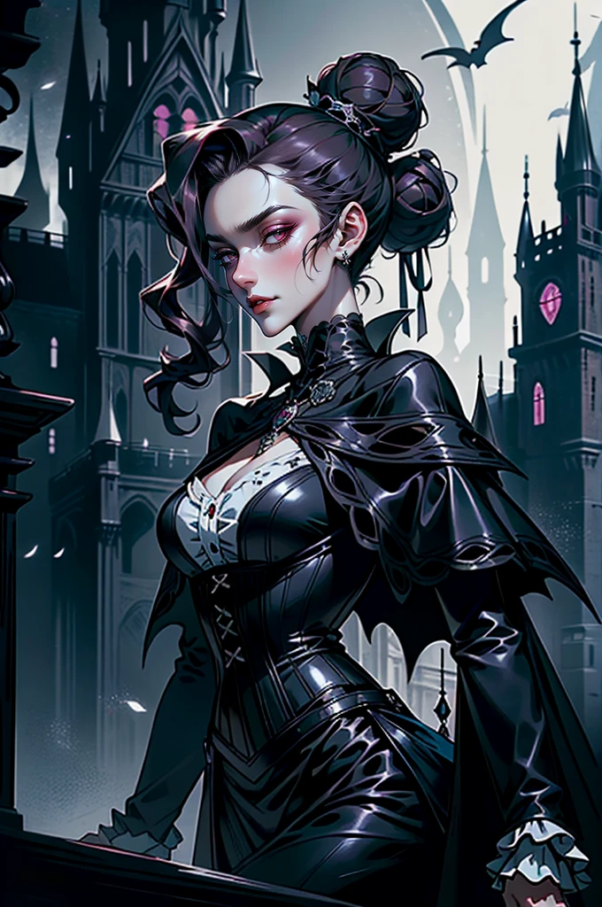(masterpiece, top quality, best quality, official art, beautiful and aesthetic: 1.2), (1 woman: 1.3), long curly dark brown hair, ((fancy bun)), Victorian style, Victorian classic, extremely detailed, portrait, looking at the viewer, solo, (full body: 0.6), detailed background, close-up, mischievous eyes, (cold midnight castle theme: 1.1), vampire, long fangs, blood on chin, huge lips, charlatan, mischievous smile, mysterious, being seductive on the balcony, revealing gothic dress, extremely tight bodice, black costume, magenta skirts, off-the-shoulder, long sleeves, loose sleeves, black leather , cape, corset, black dress, fishnets, black high boots, buckles, straps, bags, glowing blood magic energy, dark magenta fabric, silver trim, black leather, extremely slim, slim waist, slim hips, medieval background (gothic castle exterior: 1.1), nocturnal, dark and mysterious lighting, shadows, magical atmosphere, abigail larson art style