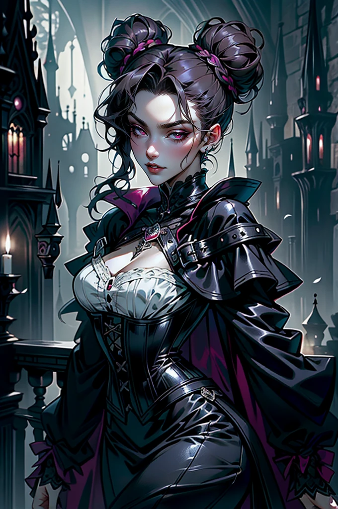The image now depicts a seductive vampire standing on a moonlit cobblestone street in an old European city. Her leather jacket remains, but it's now adorned with ancient occult symbols and a "NIGHT STALKERS" patch. Her crop top is replaced by a deep red corset, and her jeans by tight black leather pants.
Her skin is unnaturally pale, contrasting with blood-red lips and elongated fangs barely visible as she smirks at the viewer. Her eyes glow with an eerie amber light, and her wavy hair now has streaks of midnight blue.
The background transforms into a misty, gothic cityscape. Gas lamps cast a flickering, ominous light on crumbling stone buildings. Gargoyles leer from rooftops, and wrought-iron fences line the street. The motorcycle in the foreground becomes a sleek, black mechanical beast with glowing red accents.
Shadowy figures lurk in doorways, hinting at a hidden vampire society. A full moon hangs low in the sky, bathing the scene in an otherworldly silvery light.
The color palette shifts to deep purples, inky blacks, and rich crimsons, creating an atmosphere of supernatural allure and danger. Wisps of fog curl around the vampire's feet, adding to the mystical ambiance.
This reimagined composition maintains the confident pose of the subject but infuses the scene with elements of gothic horror and vampire lore, transforming a modern urban setting into a timeless realm of dark fantasy.