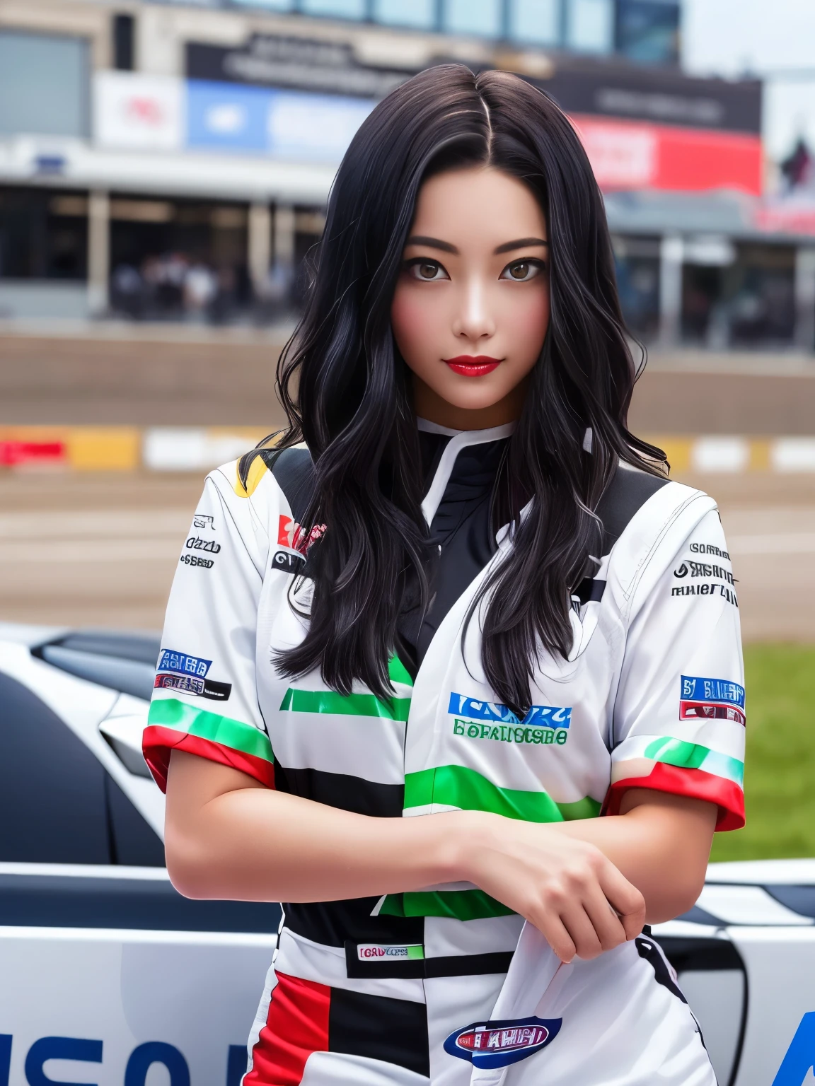 (masterpiece:1.4)、(highest quality:1.4)、
1 girl, Bewitching Grid Girl, long black hair, looking at the viewer, solo ,realistic,(shiny skin),(masterpiece:1.4),(highest quality:1.4),red lips,racing venue、25 years old