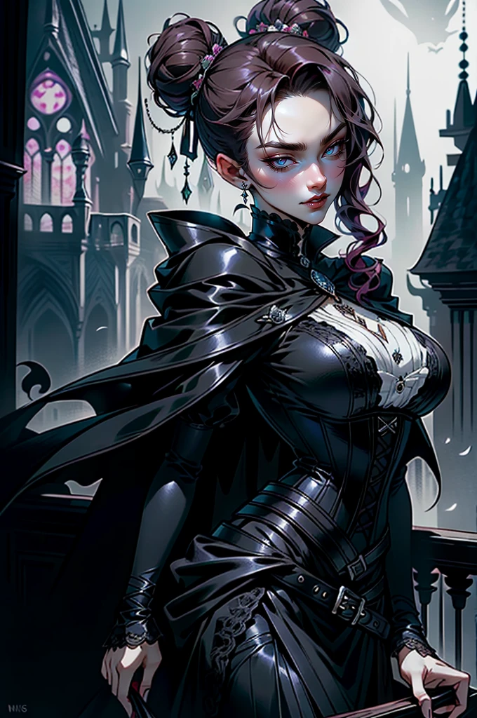 (masterpiece, top quality, best quality, official art, beautiful and aesthetic: 1.2), (1 woman: 1.3), long curly dark brown hair, ((fancy bun)), Victorian style, Victorian classic, extremely detailed, portrait, looking at the viewer, solo, (full body: 0.6), detailed background, close-up, mischievous eyes, (cold midnight castle theme: 1.1), vampire, long fangs, blood on chin, huge lips, charlatan, mischievous smile, mysterious, being seductive on the balcony, revealing gothic dress, extremely tight bodice, black costume, magenta skirts, off-the-shoulder, long sleeves, loose sleeves, black leather , cape, corset, black dress, fishnets, black high boots, buckles, straps, bags, glowing blood magic energy, dark magenta fabric, silver trim, black leather, extremely slim, slim waist, slim hips, medieval background (gothic castle exterior: 1.1), nocturnal, dark and mysterious lighting, shadows, magical atmosphere, Dancing lightly. backwadrs, Looking back. Very sexy, with chin resting on shoulder, abigail larson art style