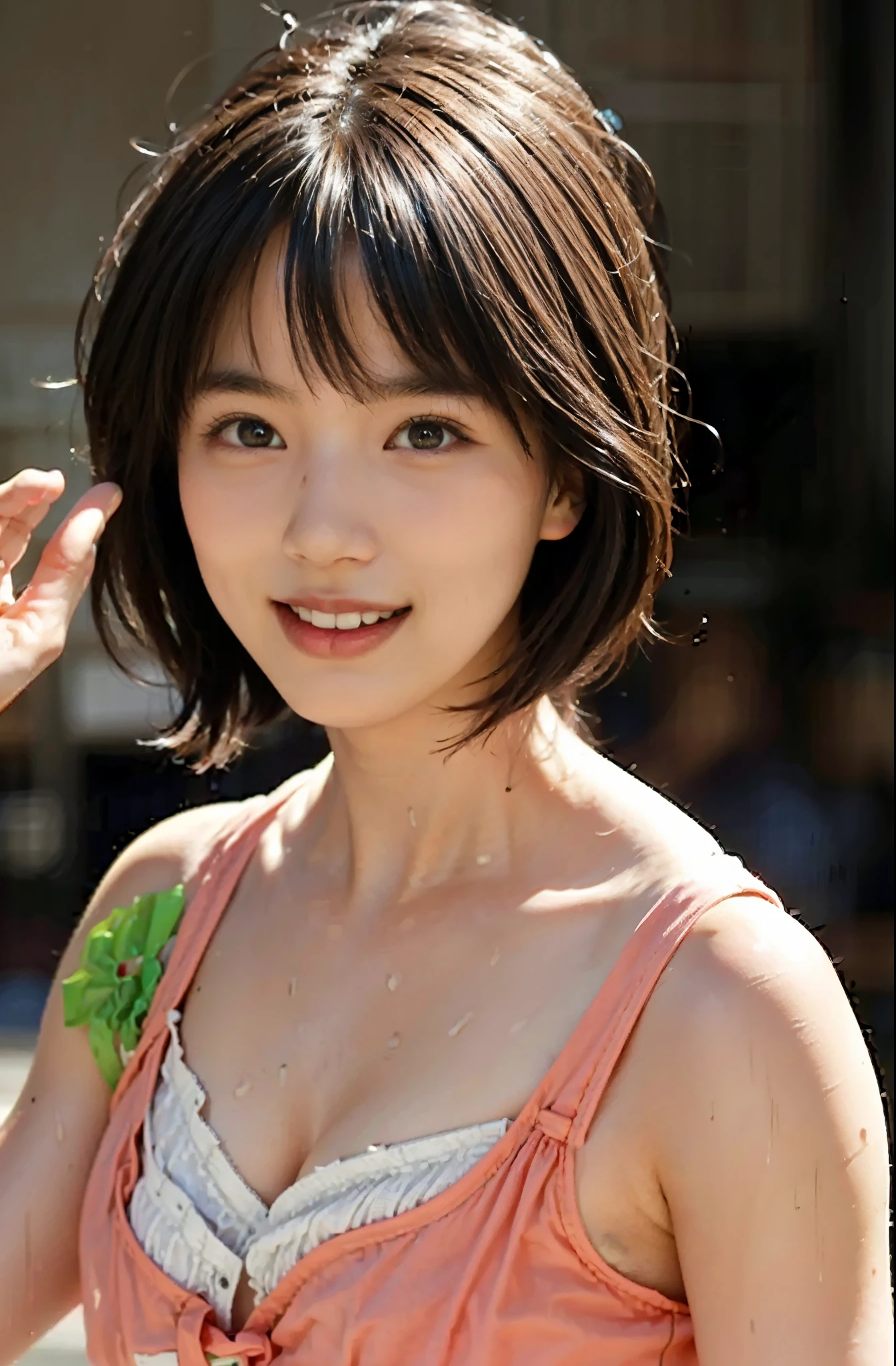 (Ultra Real), (figure), (High resolution), (8K), (very detailed), (Best figure), (beautiful and fine eyes), (highest quality), (Super detailed), (masterpiece), (wallpaper), (detailed face), droopy eyes, sweaty, upper body up, armpit, short hair, inner color, {{high school girl in pink underwear:18age:((smile))}}, Japanese, {{medium breasts}},{{raise both hands}}