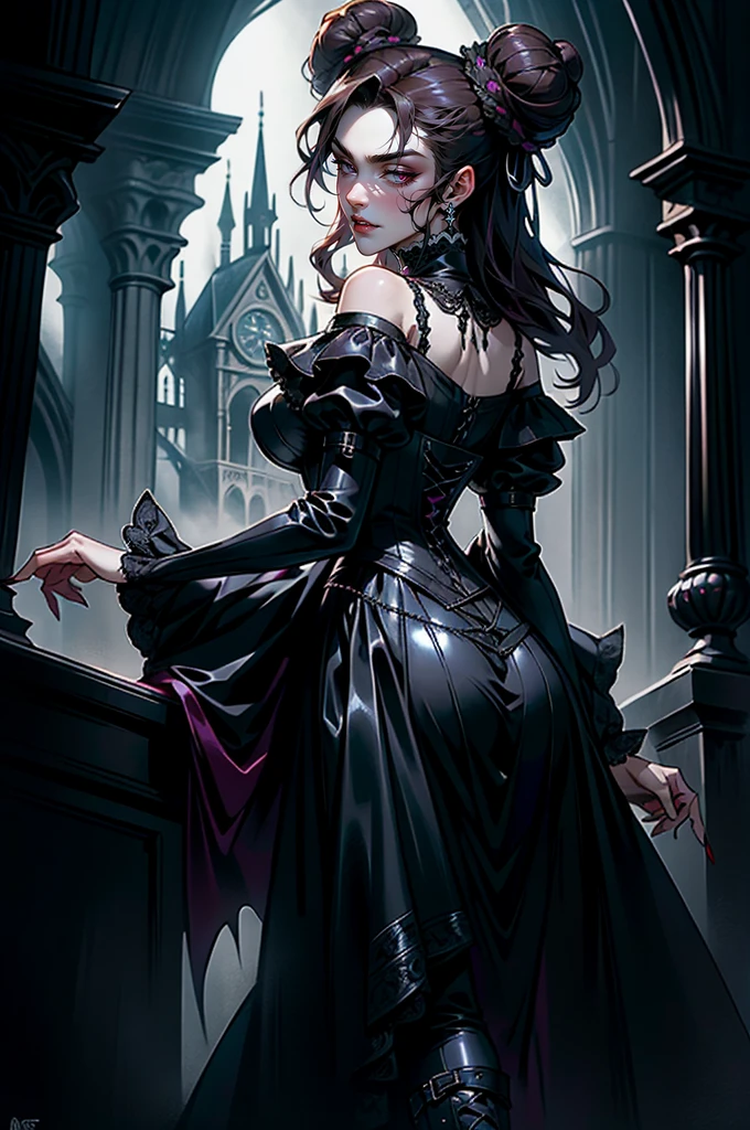 (masterpiece, top quality, best quality, official art, beautiful and aesthetic: 1.2), (1 woman: 1.3), long curly dark brown hair, ((fancy bun)), Victorian style, Victorian classic, extremely detailed, portrait, looking at the viewer, solo, (full body: 0.6), detailed background, close-up, mischievous eyes, (cold midnight castle theme: 1.1), vampire, long fangs, blood on chin, huge lips, charlatan, mischievous smile, mysterious, being seductive on the balcony, revealing gothic dress, extremely tight bodice, black costume, magenta skirts, off-the-shoulder, long sleeves, loose sleeves, black leather , cape, corset, black dress, fishnets, black high boots, buckles, straps, bags, glowing blood magic energy, dark magenta fabric, silver trim, black leather, extremely slim, slim waist, slim hips, medieval background (gothic castle exterior: 1.1), nocturnal, dark and mysterious lighting, shadows, magical atmosphere, Dancing lightly. backwadrs, Looking back. Very sexy, with chin resting on shoulder, abigail larson art style