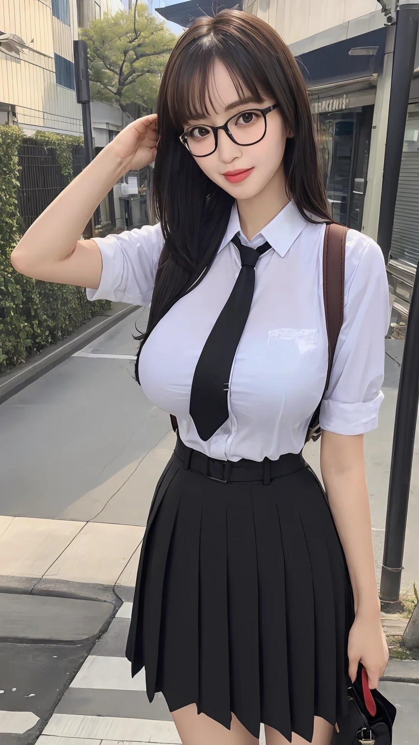 masterpiece, best quality, ultra-detailed, illustration,, (paisura:1.4), 1girl, glasses, big breasts, necktie, sexy skirt, bag, sexy school uniform, black hair, outdoors, road, between breasts, street, school bag, ground vehicle, danchi, japan,, slender body
