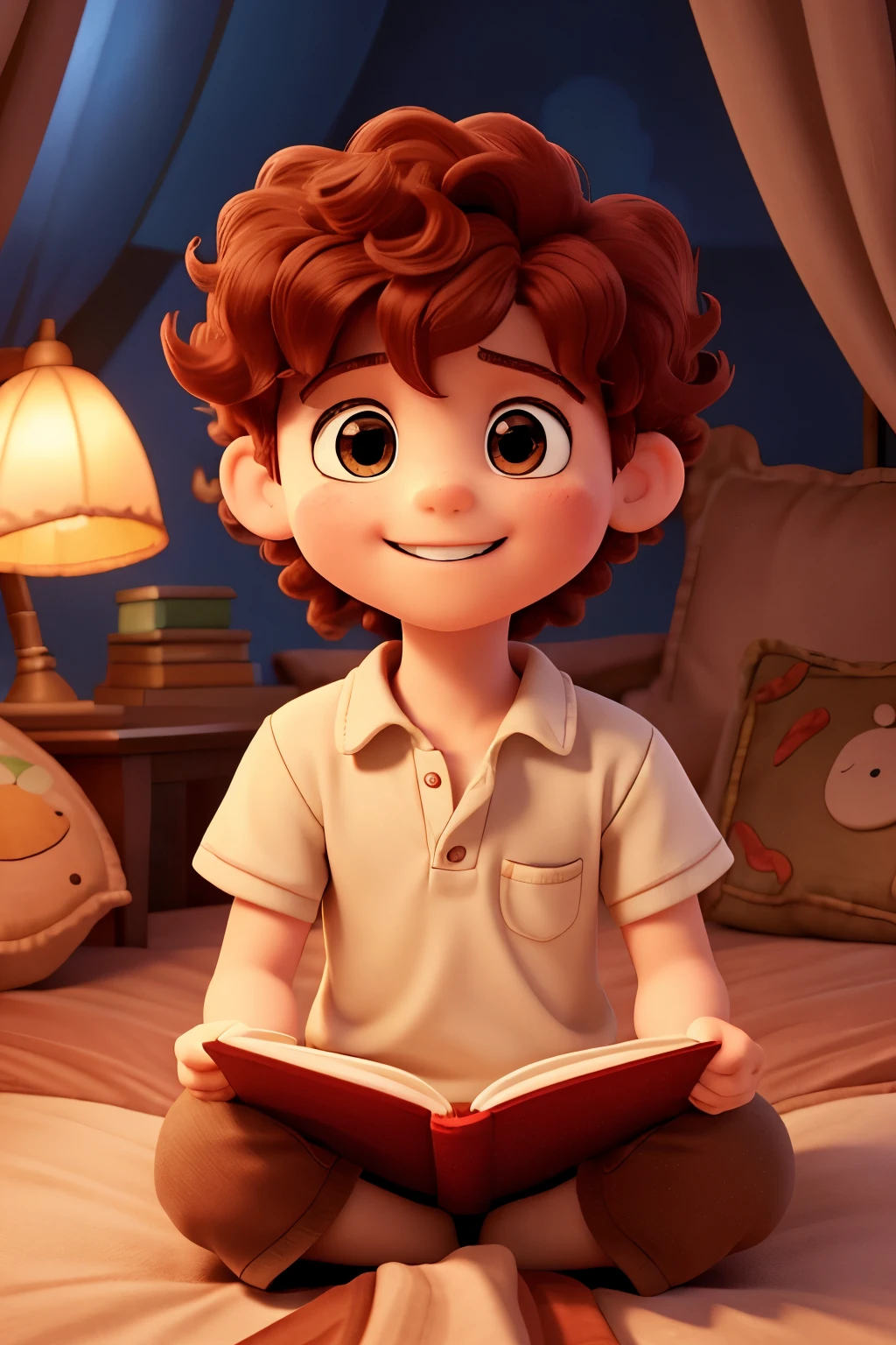 An animated, happy kid of 7 years curly red hair and round eyes, sits comfortably on a soft bed with plush pillows. He holds a well-loved, worn-out storybook in his hands and a warm, gentle expression on his face as he immerses himself in the magical world of the bedtime story. The soft glow of the nearby lamp illuminates the scene, creating a cozy and soothing atmosphere. The intricately detailed illustrations in the book come to life as he reads, making the story even more enchanting for the young boy. This moment captures the pure joy and wonderment of childhood, making it a heartwarming and delightful