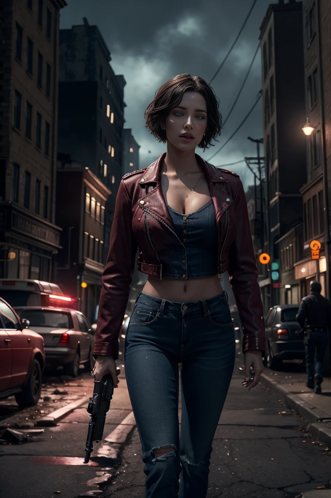 Realistic photo of a very beautiful and captivating Ashley Williams from Resident Evil 2. Beautiful face. Medium length straight black hair. Ponytailed hair. Beautiful body. Big breasted. Wearing an opened red leather jacket. Blue jeans pants. Holding an automatic handgun. Walking on the dark street. At night. Zombie apocalypse. Ruined city.
Cinematic lightings. Volumetric lightings. 16K. RTX on. Cinematic scene. Horror ambience.