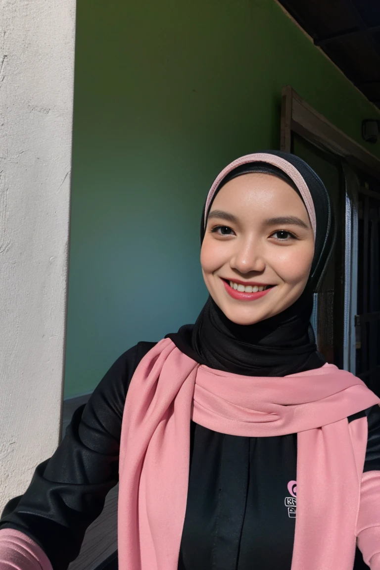 Digital drawing, brenizer effects, splash paint, young woman with smile face, modest breasts, over the shoulder pose, long pastel hijab with printed baju kurung, background digital art graffiti on black wall, ultra details any aspect of drawing, UHD 8K