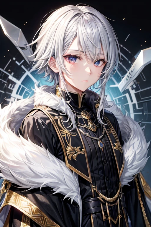 odd eye、silver hair all back、male、long to shoulder、black and gold coat、odd eye、maleの左目赤色、male右目青