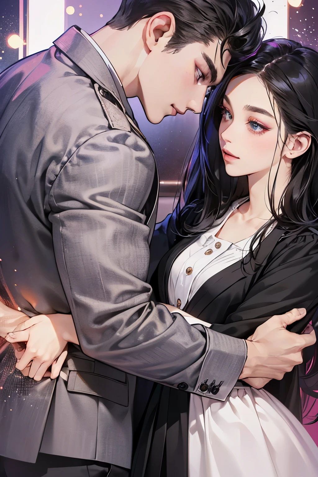 (table top, digital art, digital illustration, 4K, 8K, super detailed, beautiful images, clear image, realistic, RAW photo, perfect face, perfect lines, perfect eyes, soft lighting) 1 female, (long black hair,straight hair,Bullish gaze,beautiful woman,Solid makeup,23 year old female,small breasts:1.3),secretary, Two handsome men in suits, (human,Men in suits,muscular,Firm shoulder width,adult male,boyish hairstyle,british gentleman&#39;s style,A man in his 30s with a cool expression,28-year-old man with bright smile:1.2),Bright Western-style room、couple dancing、light、country style、k pop dance、sense of rhythm