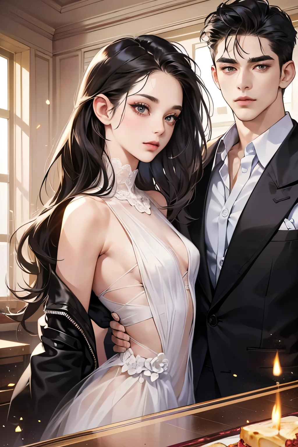 (table top, digital art, digital illustration, 4K, 8K, super detailed, beautiful images, clear image, realistic, RAW photo, perfect face, perfect lines, perfect eyes, soft lighting) 1 female, (long black hair,straight hair,Bullish gaze,beautiful woman,Solid makeup,23 year old female,small breasts:1.3),secretary, Two handsome men in suits, (human,Men in suits,muscular,Firm shoulder width,adult male,boyish hairstyle,british gentleman's style,A man in his 30s with a cool expression,28-year-old man with bright smile:1.2),Bright Western-style room、couple dancing、light、country style、k pop dance、sense of rhythm