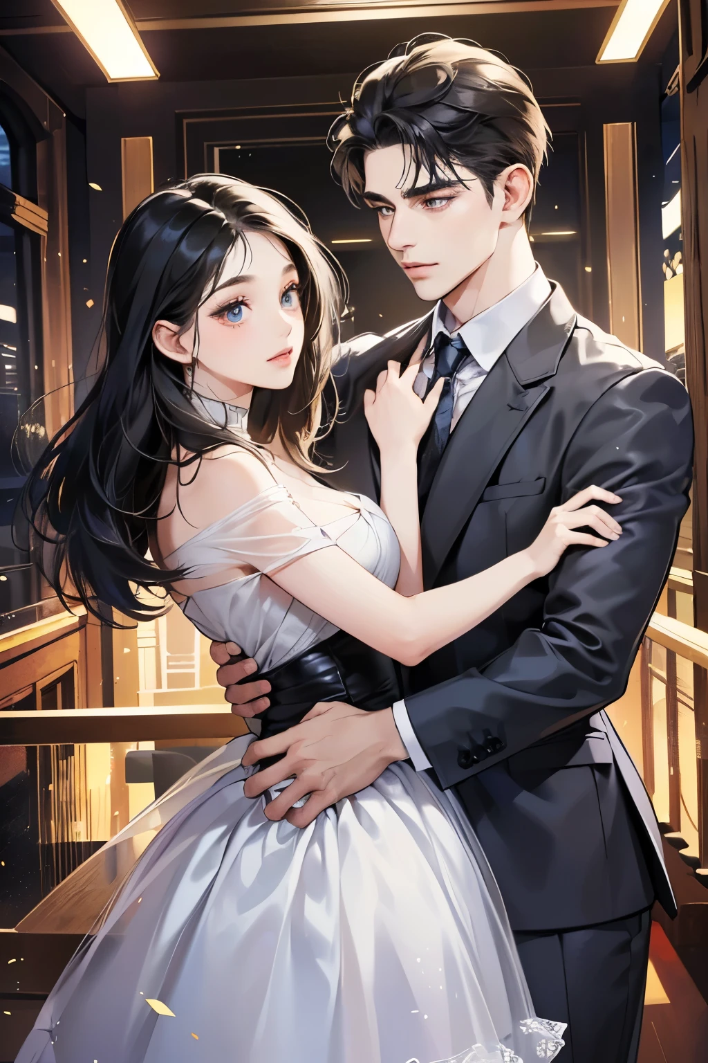 (table top, digital art, digital illustration, 4K, 8K, super detailed, beautiful images, clear image, realistic, RAW photo, perfect face, perfect lines, perfect eyes, soft lighting) 1 female, (long black hair,straight hair,Bullish gaze,beautiful woman,Solid makeup,23 year old female,small breasts:1.3),secretary, Two handsome men in suits, (human,Men in suits,muscular,Firm shoulder width,adult male,boyish hairstyle,british gentleman&#39;s style,A man in his 30s with a cool expression,28-year-old man with bright smile:1.2),Bright Western-style room、couple dancing、light、country style、k pop dance、sense of rhythm