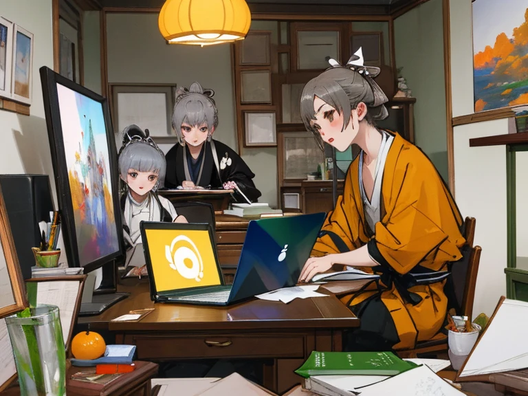 Painting of three people, sitting at a desk with a laptop, artwork in the style of Gouvez, Gouvez on pixiv artstation, zerochan art, Gouvez on artstation pixiv, Gouvez, by Kamisaka Sekka, zerochan, grey-haired, Yanagawa Nobusada, Artgerm and Atey Gaylan