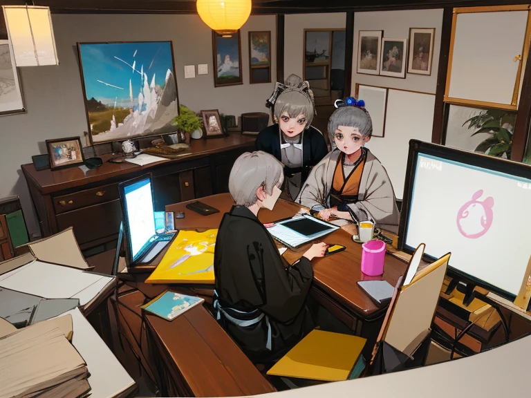 Painting of three people, sitting at a desk with a laptop, artwork in the style of Gouvez, Gouvez on pixiv artstation, zerochan art, Gouvez on artstation pixiv, Gouvez, by Kamisaka Sekka, zerochan, grey-haired, Yanagawa Nobusada, Artgerm and Atey Gaylan