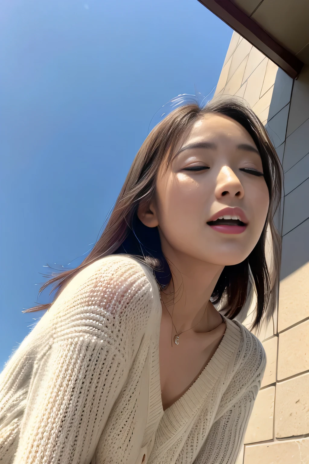 (((best image quality、highest quality、At 32K、ticker、RAW photo、very clear image、very clear image quality、realistic))),Scenery of falling cherry blossoms,Beautiful 20s shoulder length sweater,lace pantyhose, Up and down, random color,long sweater,climax、climax、my feels good、RAW photo with both close your eyes, cute face、body、Esbian、1 camisole、look up、plus size model、Feeling ecstasy、close your eyes、Deep sorrow、sad、Please look up at the sky、open your mouth、scream、 written boundary depth,real light,ray tracing,OC renderer,UE5 renderer,super photographic,highest quality,In 8K,works of masters,correct anatomy、sit、I feel very、Ahegao、feel ecstasy、excited face、((地面にsit、review 1.2、angle from below))