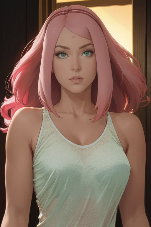 Super-realistic, (front focus),(in the dark:1.6), Hyperrealist portrait of female by david hockney and alphonse mucha,fantasy art, photo realistic, dynamic lighting, artstation, poster, volumetric lighting, very detailed faces, 4 k, award winning, a pink haired mature female, solo, 1girl, sakura\(boruto\), in the dark, deep shadow, low key,cowboy shot,(two-piece nightgown) , long hair, pink hair, perfect face, perfect nose, perfect green eyes, perfect lips, realistic face and body, fair skin, low key image, sharp texture, 4k, 8k, shot with Canon EOS 5D Mark III, 50mm, f/8, upper body closeup, big breasts, standing