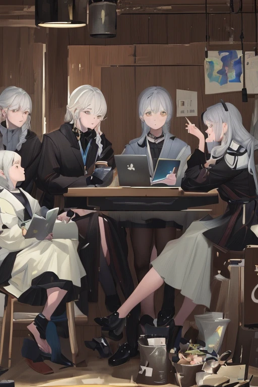 Painting of three people, sitting at a desk with a laptop, artwork in the style of Gouvez, Gouvez on pixiv artstation, zerochan art, Gouvez on artstation pixiv, Gouvez, by Kamisaka Sekka, zerochan, grey-haired, Yanagawa Nobusada, Artgerm and Atey Gaylan