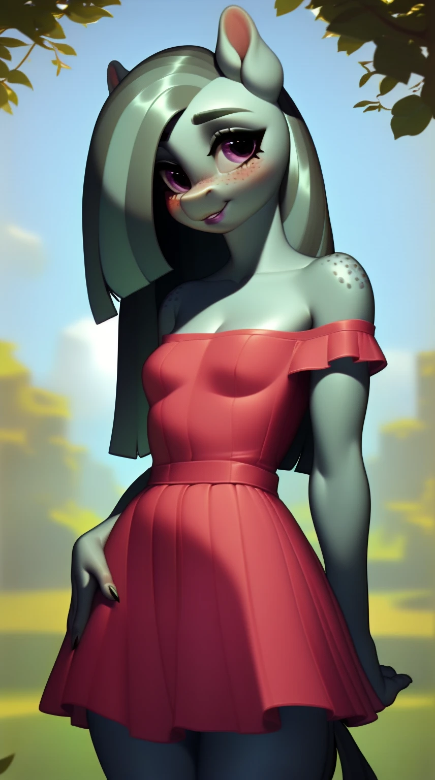 (score_9), (source_ derpibooru_p_95), (earth pony), ((anthro marble pie :1.1)), (shoulderless short sun dress), shy, blushing, solo, realistic long hair, bangs, anatomically correct, flat chest, curvy figure, high res, pink bottom lip, extremely detailed, ten, filly, absolutely stunning, freckles,