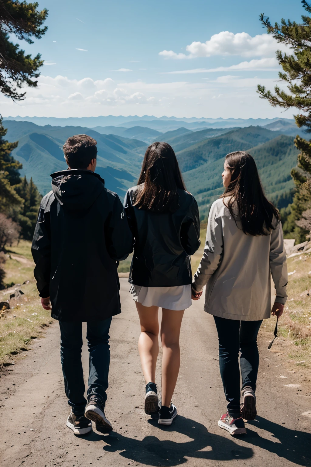 three young people walking on the mountain