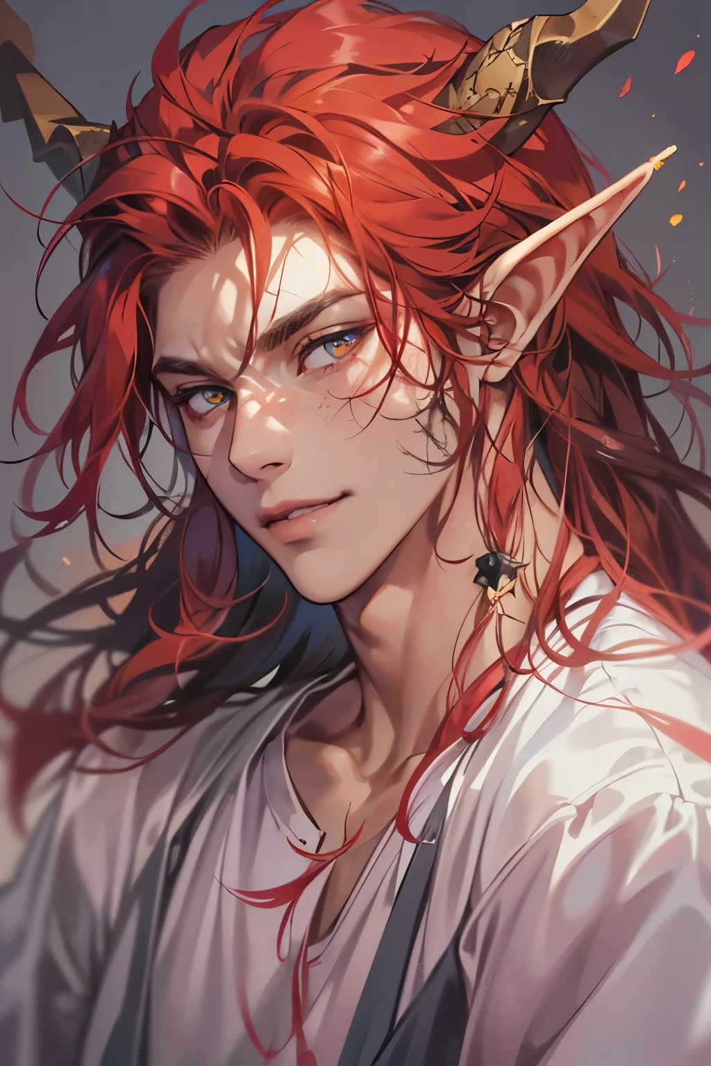 (table top, digital art, digital illustration, 4K, 8K, super detailed, beautiful images, clear image, realistic, RAW photo, perfect face, perfect lines, perfect eyes, soft lighting) 1 male human, (Red hair、long hair、amber eyes,messy hair、Bullish look,Smile confidently、Demons、Two black horns grow from its head.、Pointed elf-like ears、32 years old:1.3),ハンサムなmale性, (White t-shirt with dowel dowel、vest、muscular、Thin macho,Firm shoulder width, male:1.2),Sit on a throne with your legs crossed、The king、Demon King、hair fluttering in the wind、Sunburned healthy skin、desert oasis
