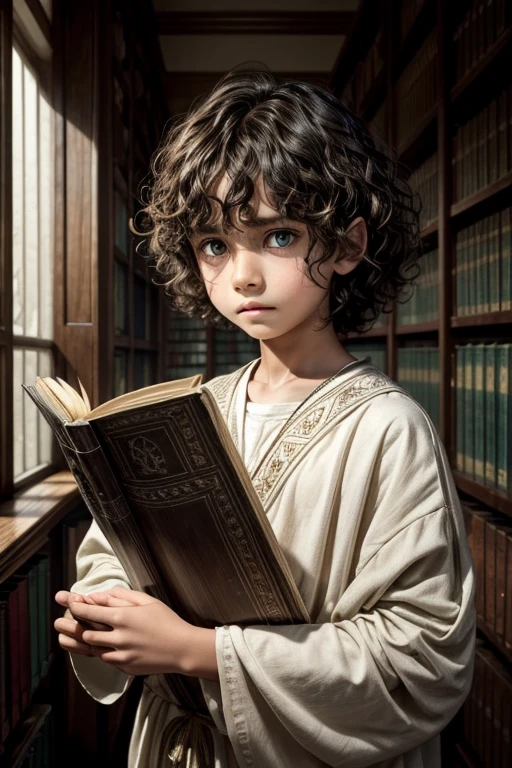 1 , boy, 12 yek brown short hair, wavy messy hair, light green eyes, white skin, wearing tribal white clothes, shy eyes, afraid of something, holding a ancient book, in a library 