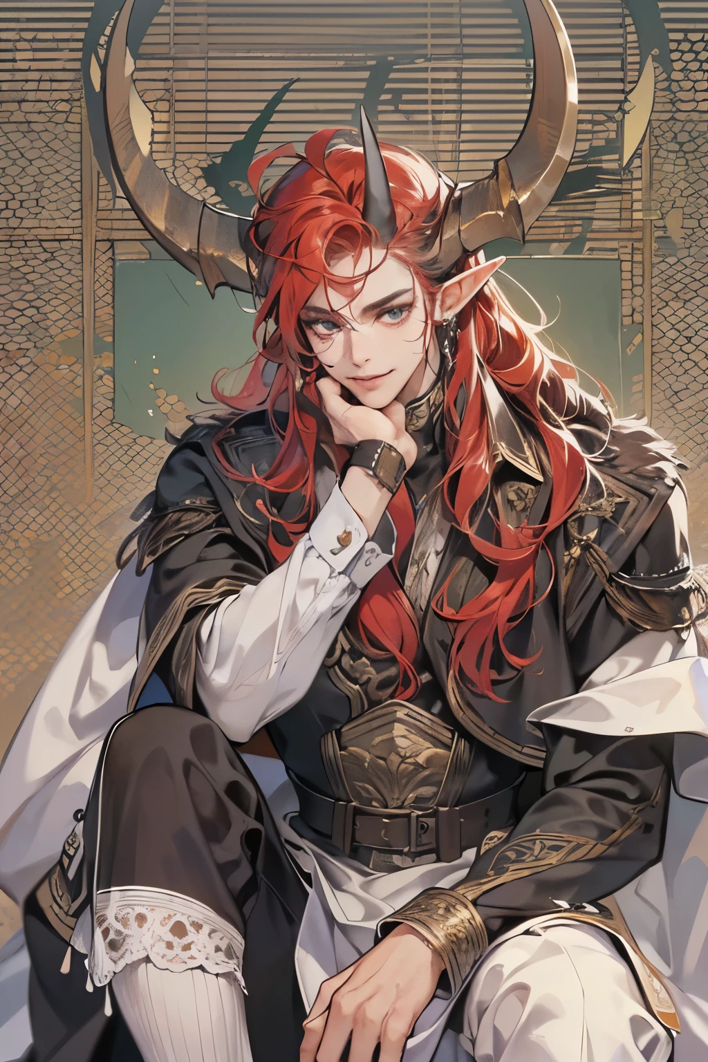 (table top, digital art, digital illustration, 4K, 8K, super detailed, beautiful images, clear image, realistic, RAW photo, perfect face, perfect lines, perfect eyes, soft lighting) 1 male human, (Red hair、long hair、amber eyes,messy hair、Bullish look,Smile confidently、Demons、Two black horns grow from its head.、Pointed elf-like ears、32 years old:1.3),ハンサムなmale性, (White t-shirt with dowel dowel、vest、muscular、Thin macho,Firm shoulder width, male:1.2),Sit on a throne with your legs crossed、The king、Demon King、hair fluttering in the wind、Sunburned healthy skin、desert oasis