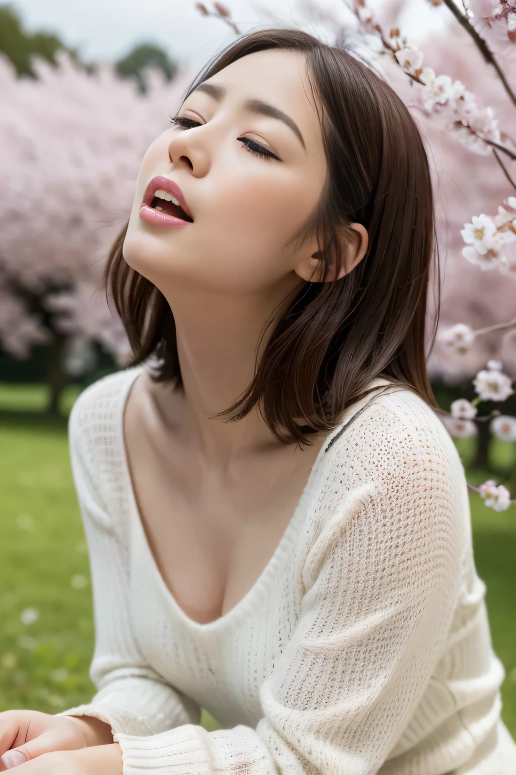 (((best image quality、highest quality、At 32K、ticker、RAW photo、very clear image、very clear image quality、realistic))),Scenery of falling cherry blossoms,Beautiful 20s shoulder length sweater,lace pantyhose, Up and down, random color,long sweater,climax、climax、my pussy feels good、RAW photo with both close your eyes, cute face、body、Esbian、1 camisole、look up、plus size model、Feeling ecstasy、close your eyes、Deep sorrow、sad、Please look up at the sky、open your mouth、scream、 written boundary depth,real light,ray tracing,OC renderer,UE5 renderer,super photographic,highest quality,In 8K,works of masters,correct anatomy、sit、I feel very、Ahegao、feel ecstasy、excited face、((地面にsit、review 1.2、angle from below))