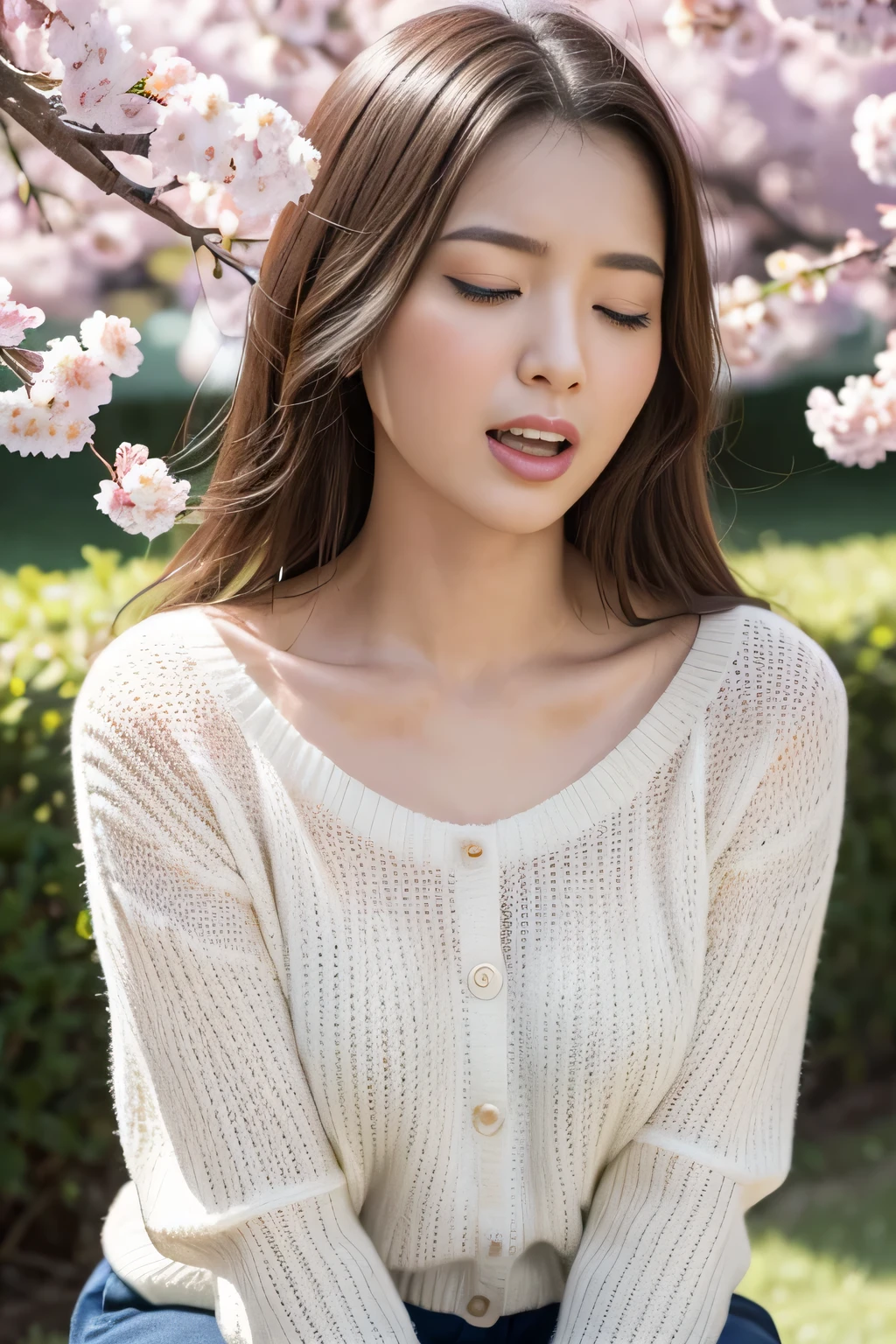 (((best image quality、highest quality、At 32K、ticker、RAW photo、very clear image、very clear image quality、realistic))),Scenery of falling cherry blossoms，Beautiful 20s shoulder length sweater，lace pantyhose, Up and down, random color，long sweater，climax、climax、my pussy feels good、RAW photo with both close your eyes, cute face、body、Esbian、1 camisole、look up、plus size model、Feeling ecstasy、close your eyes、Deep sorrow、sad、Please look up at the sky、open your mouth、scream、 written boundary depth，real light，ray tracing，OC renderer，UE5 renderer，super photographic，highest quality，In 8K，works of masters，correct anatomy、sit、I feel very、Ahegao、feel ecstasy、excited face、((地面にsit、review 1.2、angle from below))