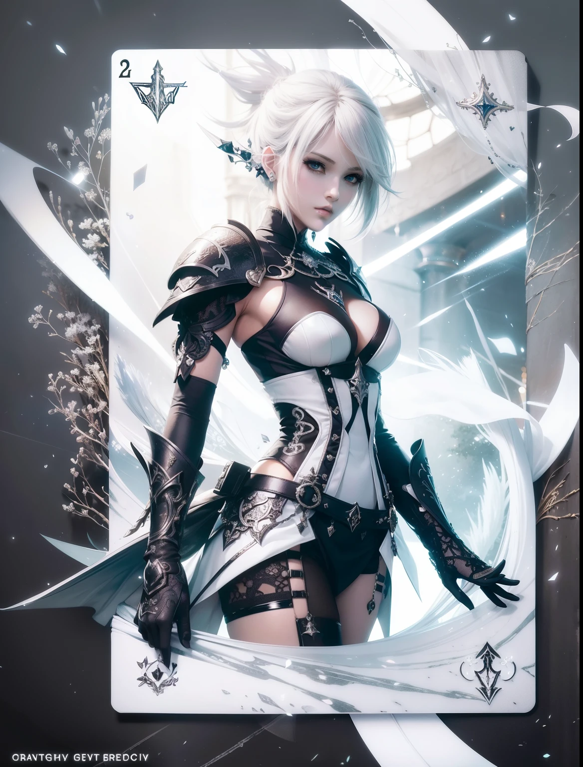 Beauty girl as 2B (White card game Final Fantasy aesthetic style) in ornad elegant tatical fantasy suit, masterpiece, (best quality), (ultra-detailed), gothic_artstyle, Vibrant, sharp focus