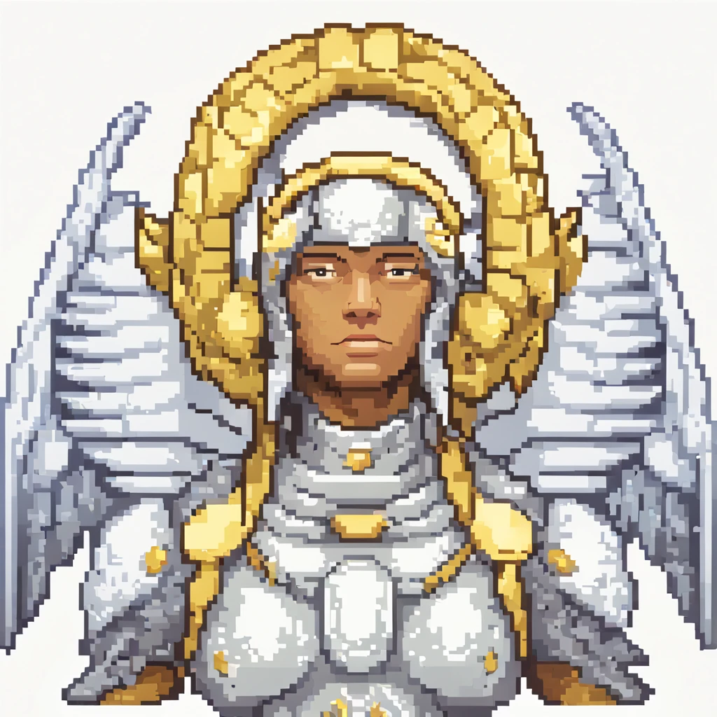 pixel art portrait of a celestial archangel with golden wings, una armadura cubierta de minerales y un halo sobre su cabeza