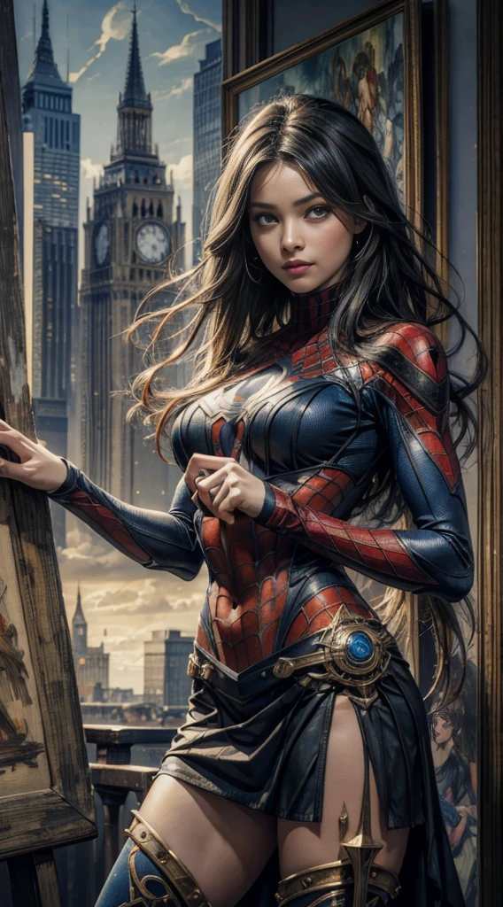 emilia clarke、Sticking out the navel、newyork、She wears a torn Spider-Man suit,wearing a skirt、abstract photorealistic、artistic、Alphonse Mucha's painting(masterpiece、highest quality、High resolution:1.4)、detailed、複雑なdetailed、In 4K、color splash、line drawing、fibonacci、