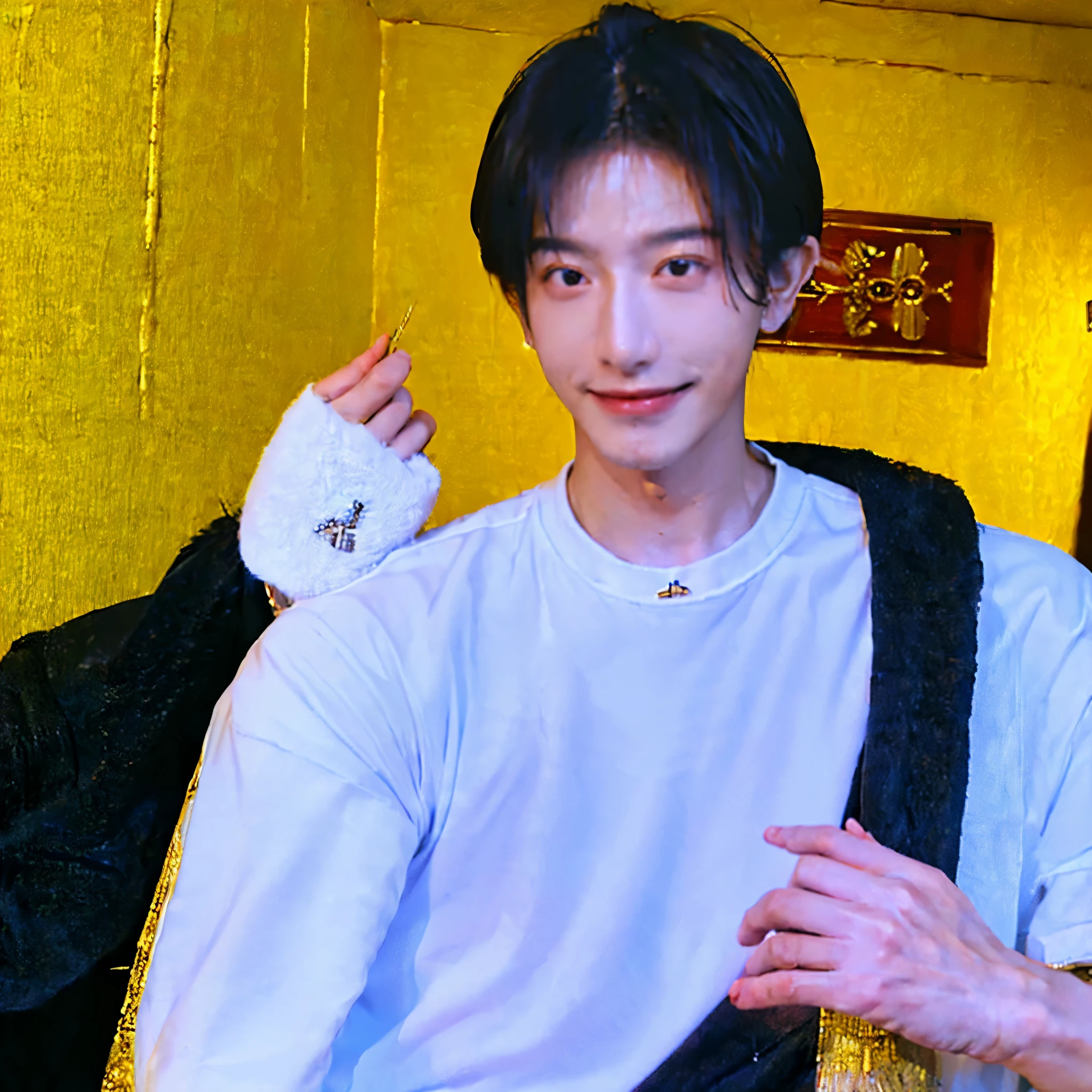 ((highest quality, 8K, masterpiece: 1.3))、cool korean men, 120-year-old male、korean style long hair、sturdy face、Handsome nose、detailed eyes and face、beautiful lighting、(studio)、High resolution、 (visible to the audience)、Mouth details、thin mouth、,smile、whole body: 1.5, perfect body shape: 1.photo of both shoulders:1.3, He is wearing a white T-shirt and a casual black coat.。:1.5, accessories : (mens earrings, necklace, mens rings, Men's Watches)