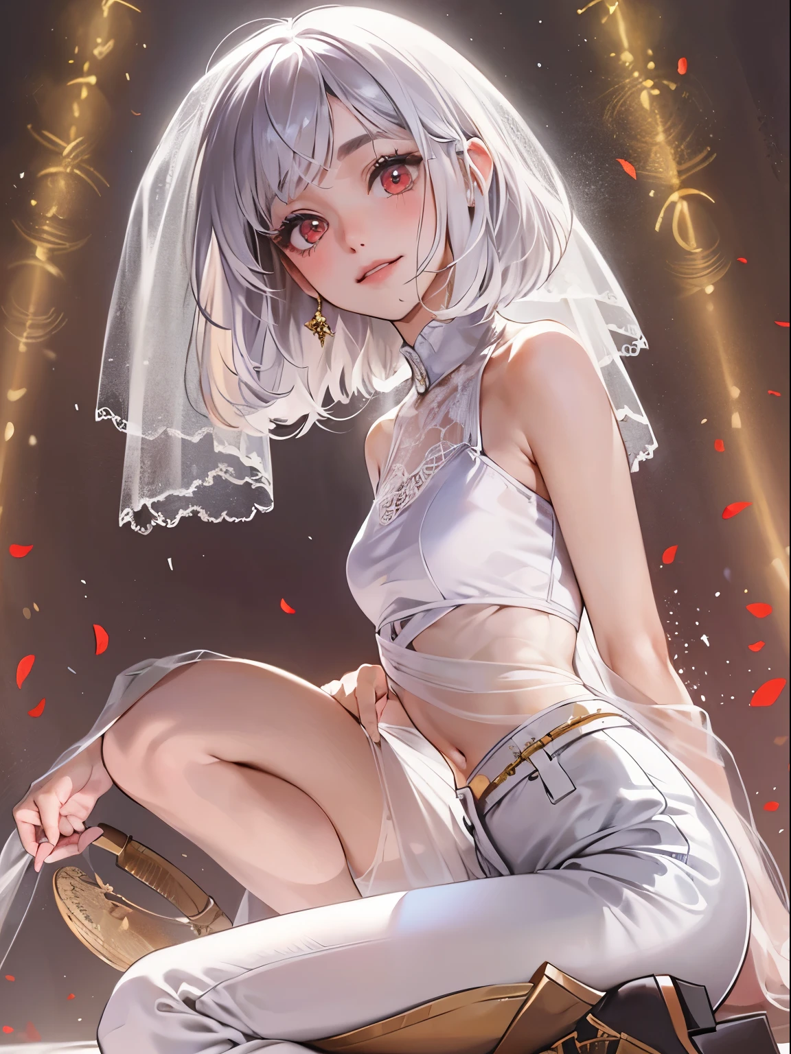 (enrich the image,Masterpiece quality)Beautiful 8K CG artwork,Goddess-like posture,Kneeling exercise,スリムでsoft,(transparent skin,Platinum Brand,bob cut,The skin is fair and juicy:1.3),Outlook part 1.2x enhanced silhouette effect,(white shorts,black knee high boots,Gold thread edging,Loose and obliquely lowered belt,Open tube top with back,The details are intricate and exquisite:1.1),the background is a little blurry,In flowering meadows,Temptation of attractive and voracious feet,drooling,Clothes that show body lines,blush,open your legs wide,attract,Platinum Brand,red eyes,wheezing,Trance,Breasts porori,soft,- Rubbed violently from behind,See through,Plug-ins,innocent smile,Dagger in hand,desert oasis,Marry the King of the Desert,Delicate veil of white lace,canopy bed,squirt,